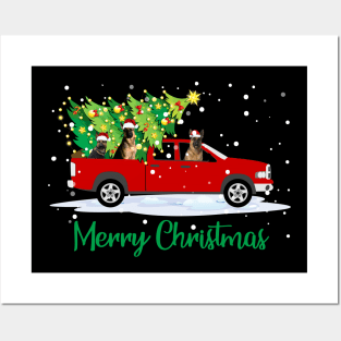 Red Truck Merry Christmas Tree German Shepherd Christmas Santa Hat Xmas Posters and Art